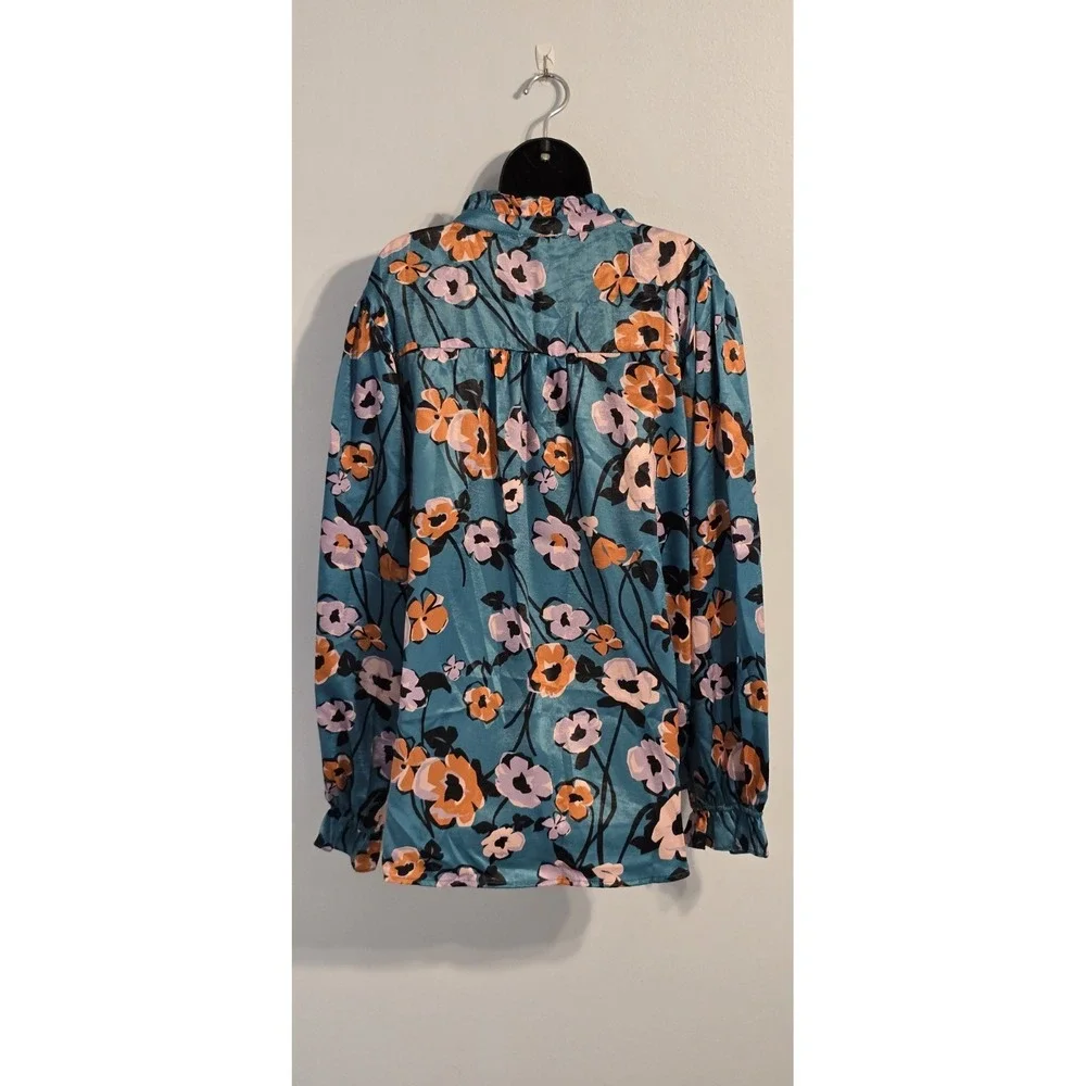 NWT FATE Women's Floral Long Sleeve Peasant Blouse Blue Orange‎ White Size 3XL